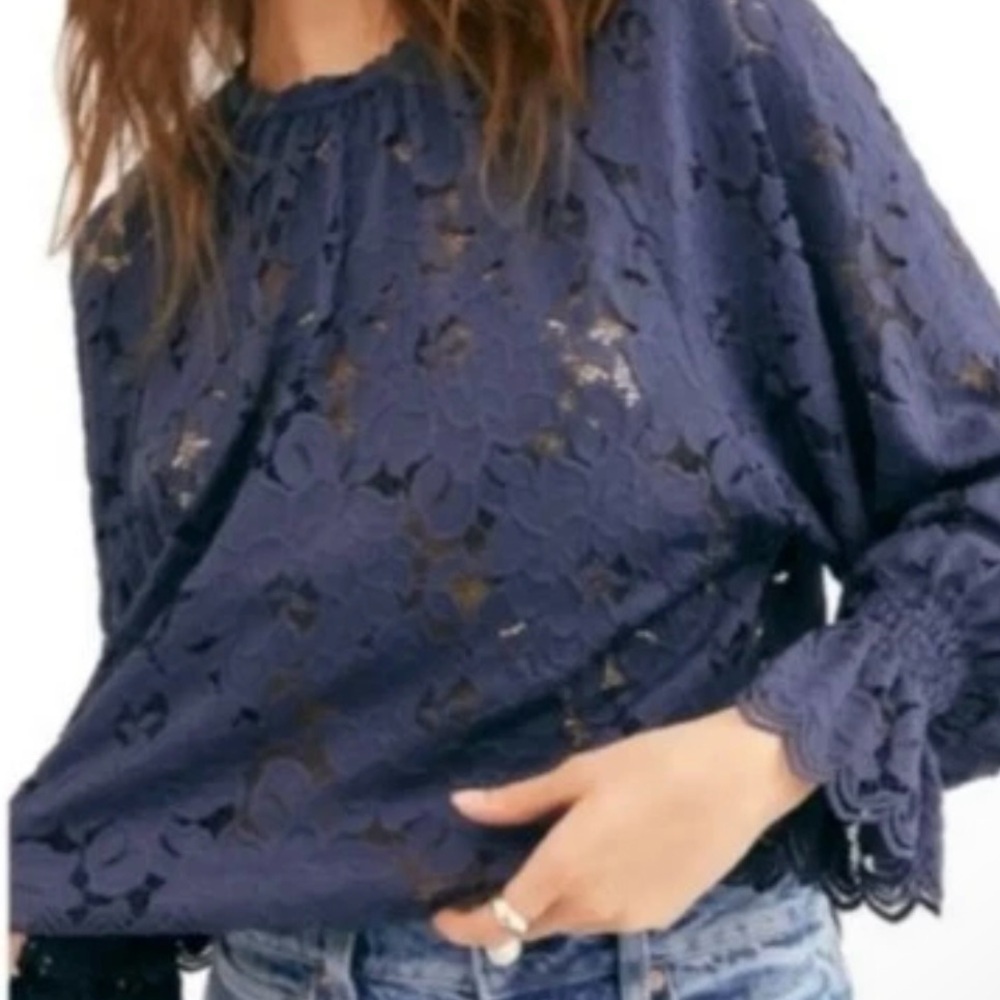 Free People Olivia Floral Lace Top Navy Blue Medium Boho Sheer Peasant Cottage - Picture 4 of 13